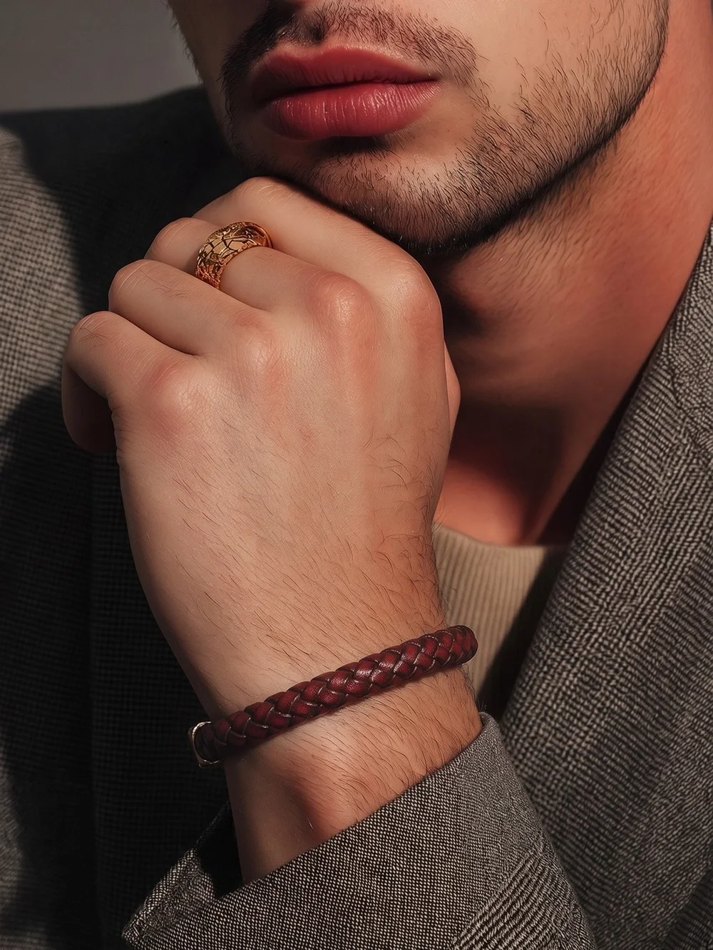 Braided Leather Men's Bracelet - burgundy leather☑️